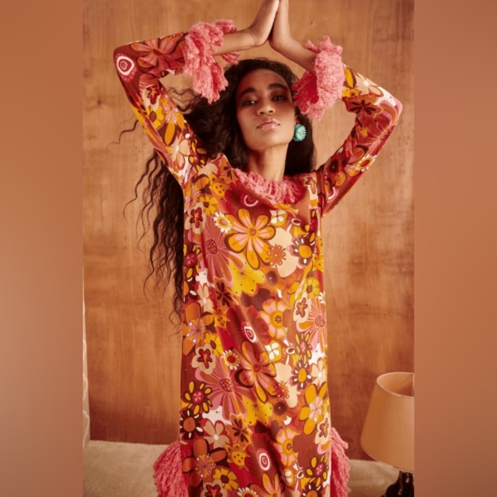 NWT CeliaB Gongga Orange Floral Fringe Trim Long Sleeve Maxi Dress Sz M RARE - Picture 12 of 16